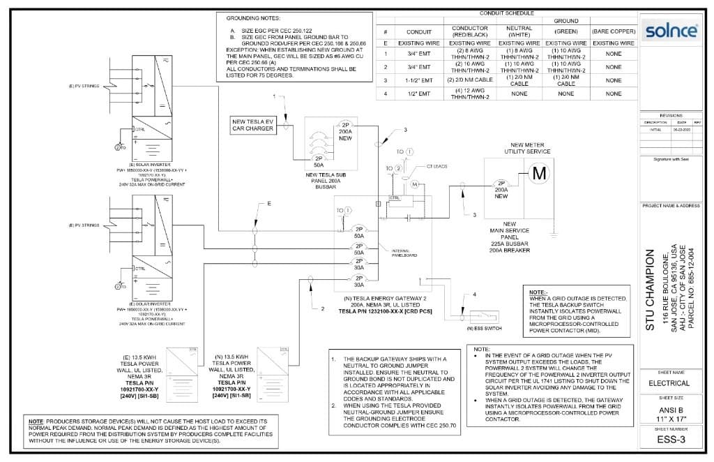 Energy storage and EV charger one-line diagram