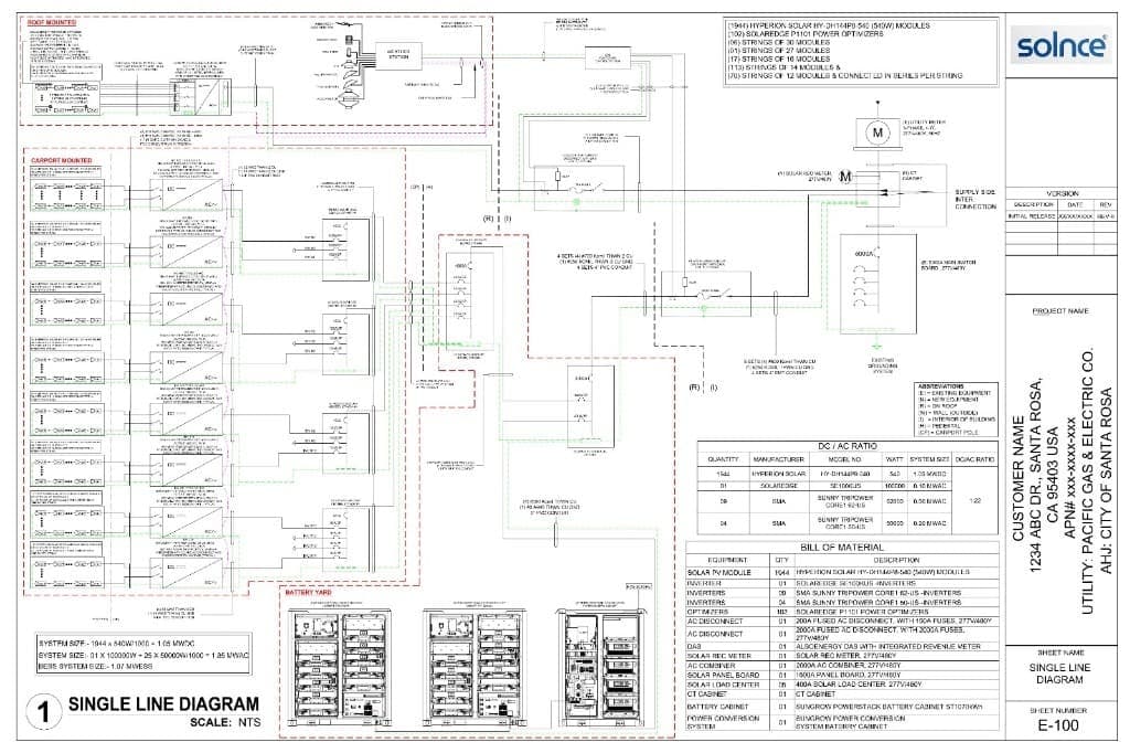 Single-line diagram for a megawatt-scale C&I system with battery storage