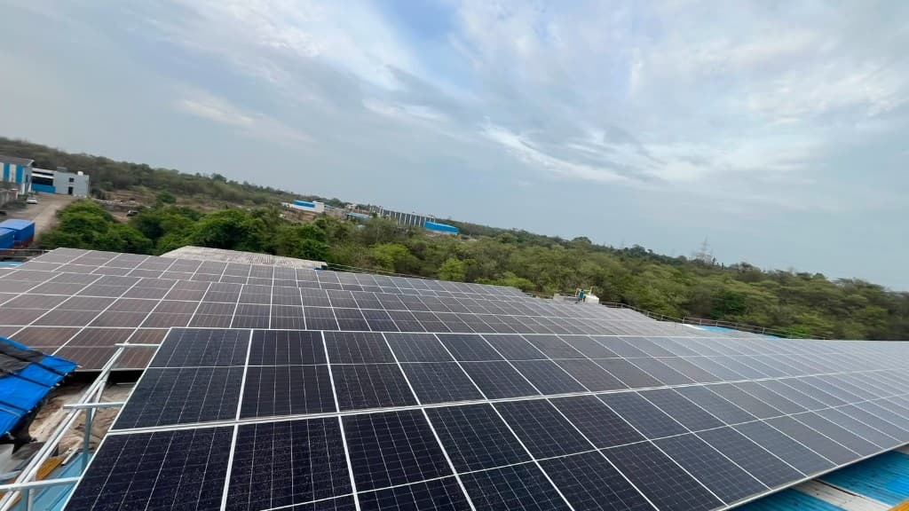 Commercial rooftop solar installation seen from above