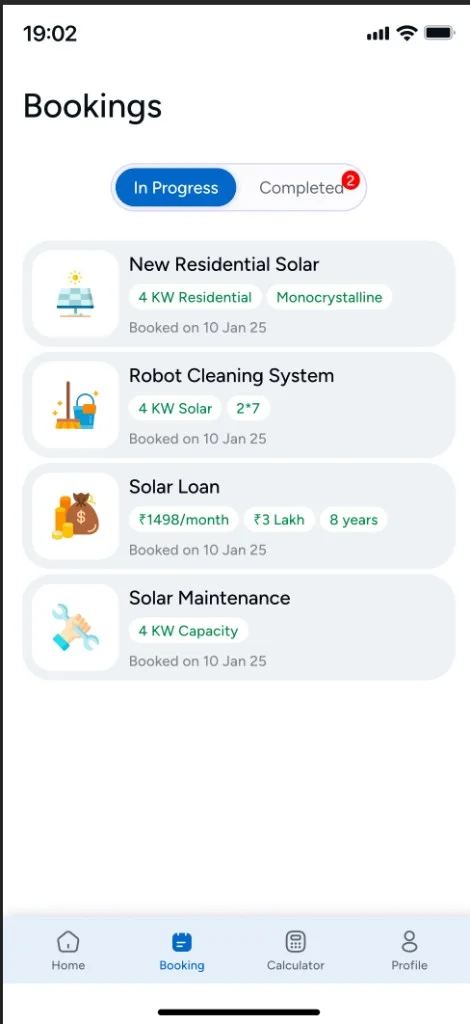 Solnce App bookings — in-progress solar, cleaning, loan and maintenance jobs